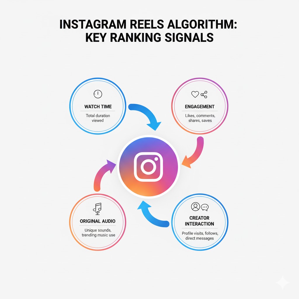 Diagram showing the key ranking signals for the Instagram Reels algorithm: watch time, engagement, original audio, and creator interaction.